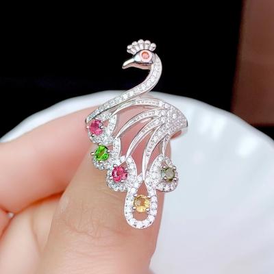 China Phoenix 925 Sterling Silver Casual/Sporty Natural Women's Peacock Ring Tourmaline Ring Color Gem for sale