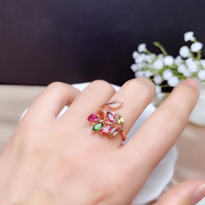 China The new style 925 Sterling Silver Multi Color natural gem women casual/sporty leaf ring tourmaline style for sale