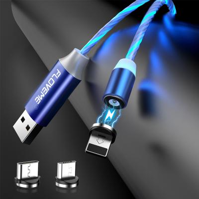 China Hot Amazon Sales Free Sample 1M Luminous USB Magnetic Cable 360 ​​Degree Round Magnet 3 IN 1 2A Flowing Led Magnetic USB Charging Cable Cuatom Accept for sale