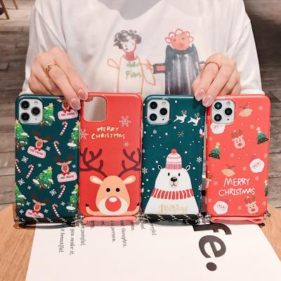 China 2021 Anti-fall cartoon deer cute necklace mobile phone case TPU soft Christmas case for iPhone 12 and 11 series for sale