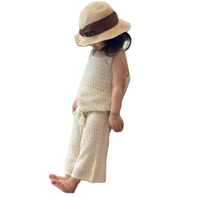 China 100 Cotton Pointelle Summer Vacation Kids Breathable Lounge Suits Knit Girls Tank Top Pants Outfits for sale