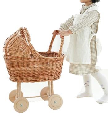 China Portable Handmade Woven Wooden Toys Cart Carriers Photo Props Rattern Baby - Doll Weagon Walkers for sale