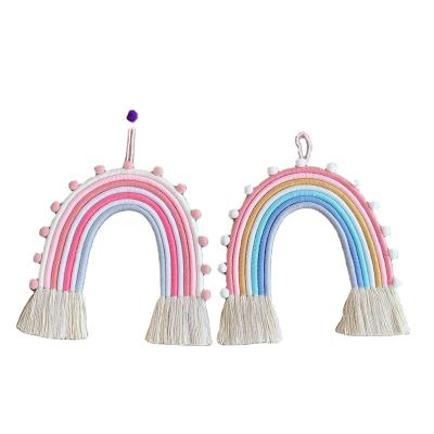 China Vintage INS Baby Kids Hanging Room Decoration Rainbow Pom Pom Tassel Macrame Handmade Woven for sale