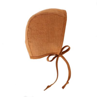 China Retro Newborn Striped Canvas Baby Spring Hats Rust Solid Cotton Lace Hoods Elves for sale