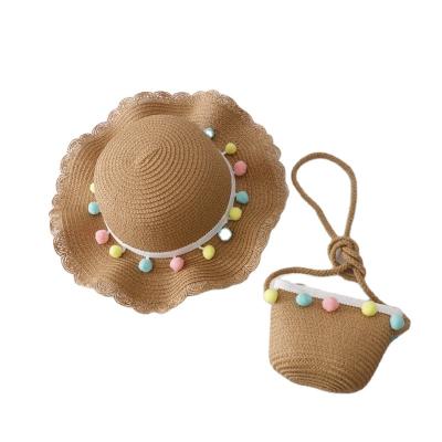 China Wholesale Cheap Vintage Infant Girls Fashion Pom Accessory Straw Hats Handbags Summer Beach Rainbow Pom Set for sale