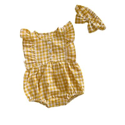 China Sleeveless Natural Yellow Gingham Baby Clothes Summer Frill Sleeveless Infant Girls Bubble Onesie for sale