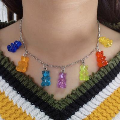 China Cute female/hip hop/Trendy YI 2021 girl fashion necklace sweet candy color bear pendant necklace lovely jingle resin web celebrity ins jewelry for sale