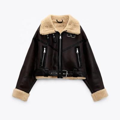 China Custom Cultivated Vintage Women's Leather Jacket Motor Jackets Brand Quality Warm Sherpa Bomber Coat Waterproof For Women Winter for sale