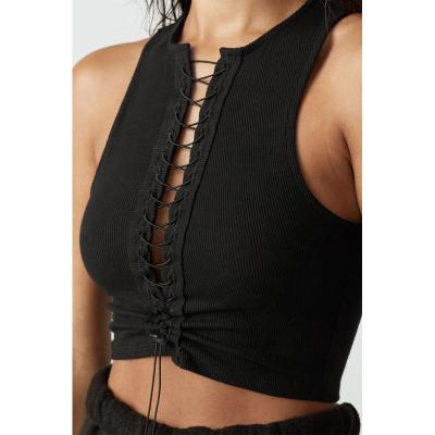 China Latest design black anti-pilling lace up crop tank top for women for sale