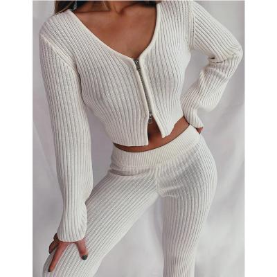 China Women Anti-pilling V-Neck Zip Up Long Sleeve Rib Cropped Jumper for sale