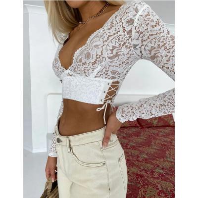 China Anti-pilling Deep V-Neck Long Sleeve Backless Lace Crop Top For Women for sale