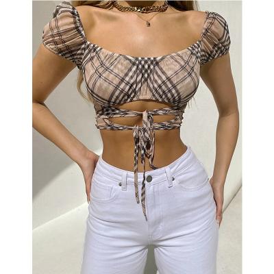 China Ladies Anti-Pilling Short Sleeve Off The Shoulder Lace Up Plaid Cropped Top for sale