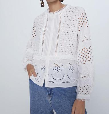 China Anti-pilling Casual Round Neck Embroidery Buttons Women Ladies Long Sleeve Bohemian Shirts White Blouse for sale