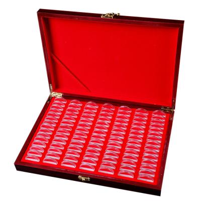 China Large Handmade Coin Holder Wooden Display Box 32*23.5*5.8mm 100 Adjustable Capsules Wooden Coins Display Storage Box for sale