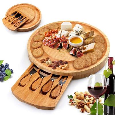 China Sustainable Hot Sale Custom Round File Bamboo Wooden Cheese Board Set With Knife for sale