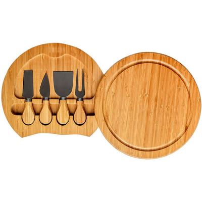 China Sustainable Round Bamboo Cheese Cutting Board Set Charcuterie Acacia Wood Charcuterie Board Hidden Cutlery Drawer for sale