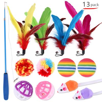 China Cat Toy Assortment Stocked 13pcs Set Interactive Pet Cat Bell Ball Feather Fishing Rod Mouse Cat Costumes for sale