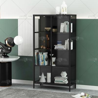 China Knocked Down Wholesale Price Modern Metal Steel Almirah Blacken Book Storage Swing Door Display Wine Glass Display Cabinet for sale