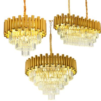 China Modern Dining Room Iron Gold Tube Round Decorative Warm White LED Glass Pendant Chandelier for sale