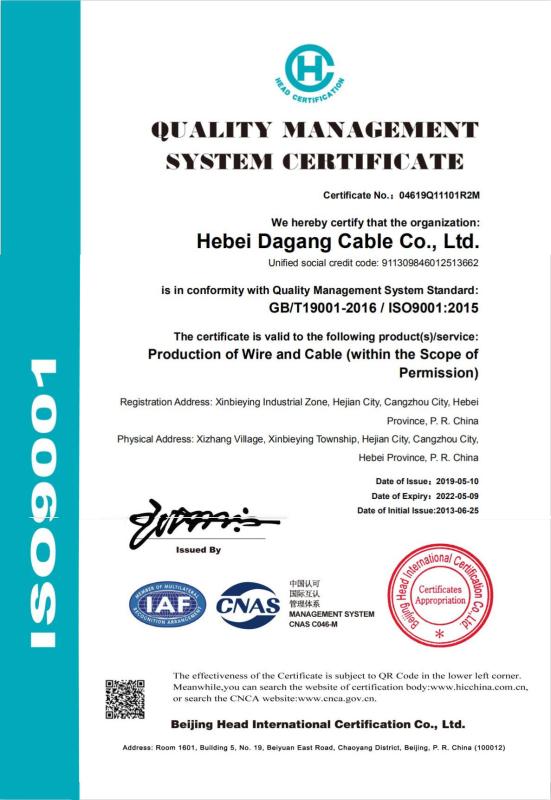 ISO9001 - Hebei Dagang Cable Co., Ltd.