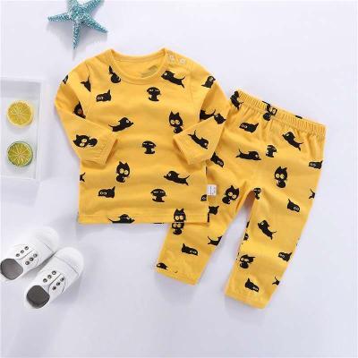 China Fashion factory price wholesale high quality yellow cute cat children pajamas set round neck autumn clothes and pants two-piece suit for sale