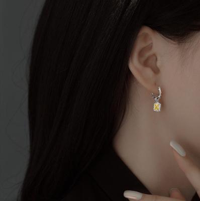 China FASHIONABLE Luxury Gold Plated S925 Gemstone Sterling Silver Premium Square Yellow Zircon Dangle Earrings No Pierced Ear Bone Clip Earrings for sale