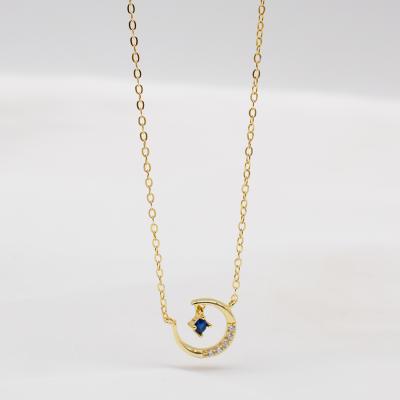 China BOHEMIA Fashion Sterling Silver Gold Plated Chain 14k Gold Pendant With Crescent Moon Natural Blue Zircon Women Pendant Necklace for sale