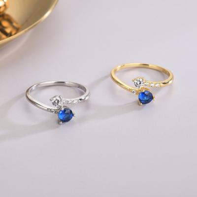 China TRENDY Blue Zircon Opening Ring Fashion S925 Sterling Silver Adjustable Gemstone Ring Gold Plated Jewelry for sale