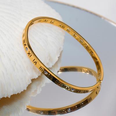 China Zircon Roman Numeral Hollow Women simple FASHIONABLE round thin bracelet 18K gold plated stainless steel waterproof bangle bracelet for sale