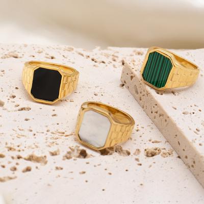 China TRENDY INS Plated Stainless Steel Shell Fritillaria Rectangle Angular Rings Jewelry Green Malachite White For Women for sale