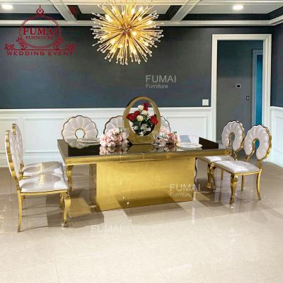 China Foshan Sales Modern Wedding Banquet Furniture Mirror Glass Table Used Luxury Dining for sale