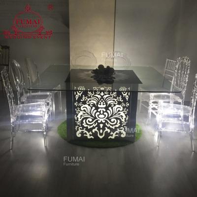 China Modern New Style Led Square Dining Table Square Carven Glowing Led Glass Table for sale