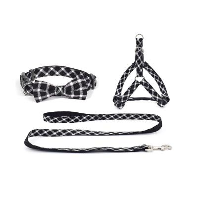 China Fashion Padded Basic Plaid No Pull Adjustable Bow Tie Dog Collar Harness And Leash Set for sale