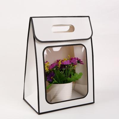 China New Recyclable Wholesale Trapezoidal PVC Window Kraft Paper Flower Paper Bag Gift With Handle Bag for sale