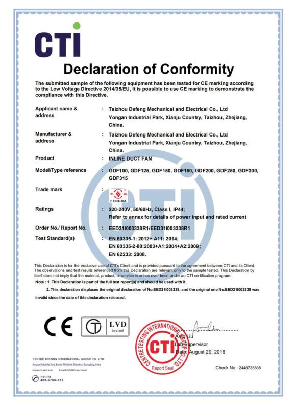 CE - Taizhou Defeng Mechanical And Electrical Co., Ltd.