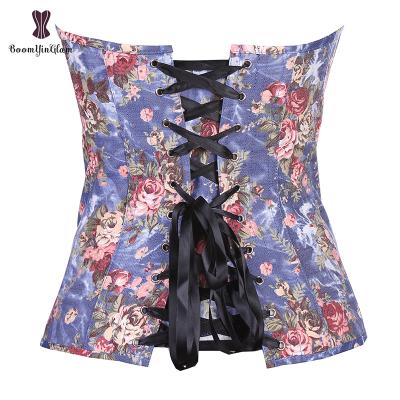 China Antibacterial Top Selling Blue Denim Front Busk Waist Cincher Overbust Corset Top For Women for sale