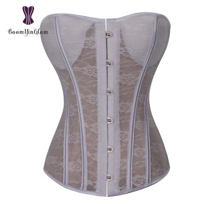 China Antibacterial Steel Play Music Saxy Semi Sheer Fabric Lace Corset Tops Bra Bustier With G - String For Wedding Dress for sale