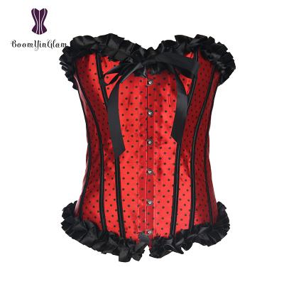 China Red and Color Women Antibacterial Polka Dot Lace Trim Strapless Waist Cincher Corset and Thong Set for sale