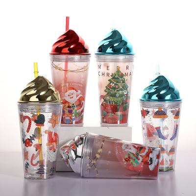 China Stocked STARLII Christmas Gift Mug Promotion Double Wall Colored Glass Plastic Acrylic Tumbler With Straw for sale