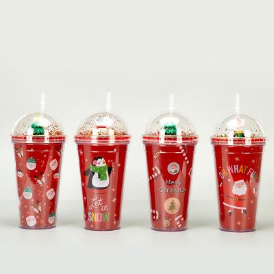 China Stocked STARLII Custom 16oz 420ml Christmas Gift Double Wall Plastic Tumbler Glass Cup With Lid And Straw for sale