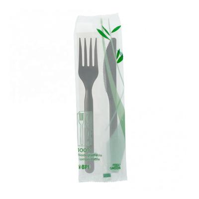 China Disposable Disposable Individual Bag Wrapping Black Biodegradable Cutlery Set Knife Fork for sale