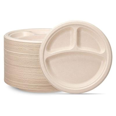 China 3 Compartment Eco Food Packaging Biodegradable Compostable Sugar Cane Around Unbleached Biodegradable Dish for sale