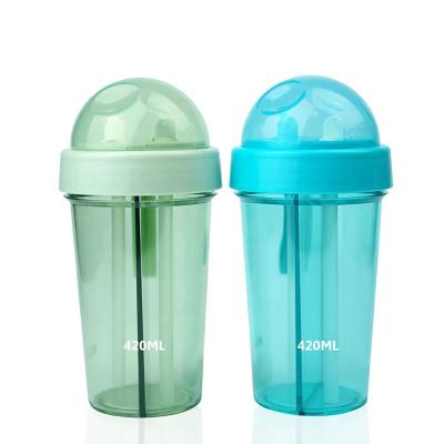 China Sustainable Food Grade Clear Plastic Double Straw Water Bottle For Kids for sale