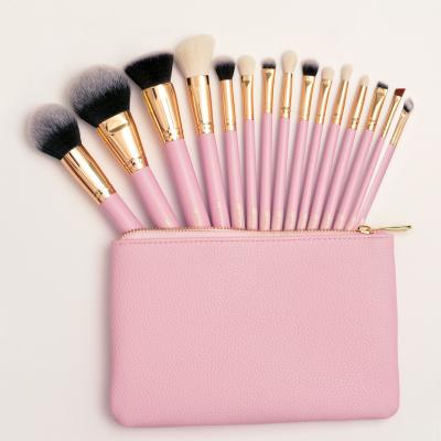 China Angular Blush Professional Custom 15pcs Logo Leather Bag Synthetic Hair Foundation Mascara Makeup Pink Set Brush for sale