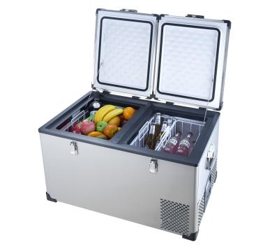 China 75L Double Zone Stainless Steel Car Fridge Freezer Portable Fast Cooling Portable Fridge/Refrigerator Portable Freezer Fridge for sale