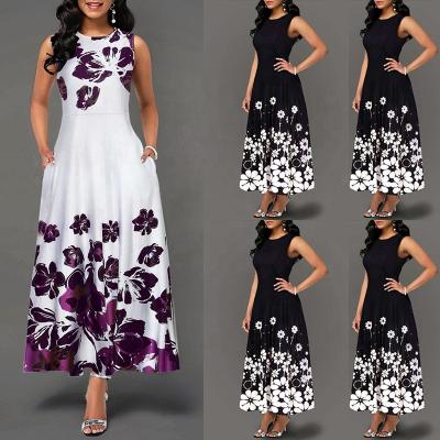 China Elegant Women Floral Printing Long Maxi Dress Evening Party Beach Summer Sleeveless Sundress Suit Large Size Viable Long Dress for sale