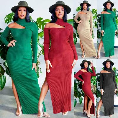 China 2022 Viable Women's Dresses Autumn High Neck Pit Strip Skirt Kaftans Show European and American Sexy Open Dress Slit Long for sale