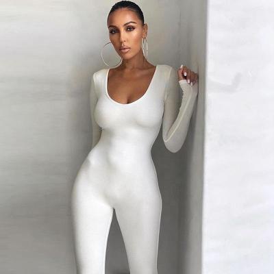 China BUKAI High Waisted Lingerie Jumpsuits Playsuit Women Long Sleeve Bodycon Breathable Overalls White Ladies Skinny Fitted Overalls for sale