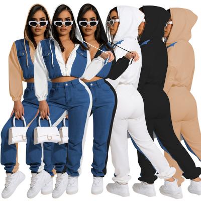 China BUKAI 2023 New Arrivals High Fashion Breathable Denim Woman Crop Hooded Quilting Two Piece Pants Set Casual Women's Hooded Outf 2 Piece for sale