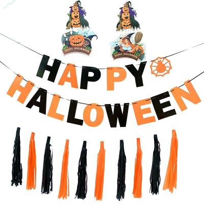 China Disposable Halloween Theme Party Supplies Happy Halloween Paper Banner Bunting Black And Orange Tassels For Halloween Decorations Set for sale